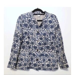 J Jill Jacket Womens Medium Blue‎ Floral Cotton Button Front Casual Artsy Print